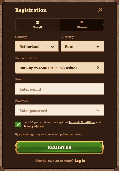 Een nieuw account aanmaken en bevestigen bij WildRobin Casino